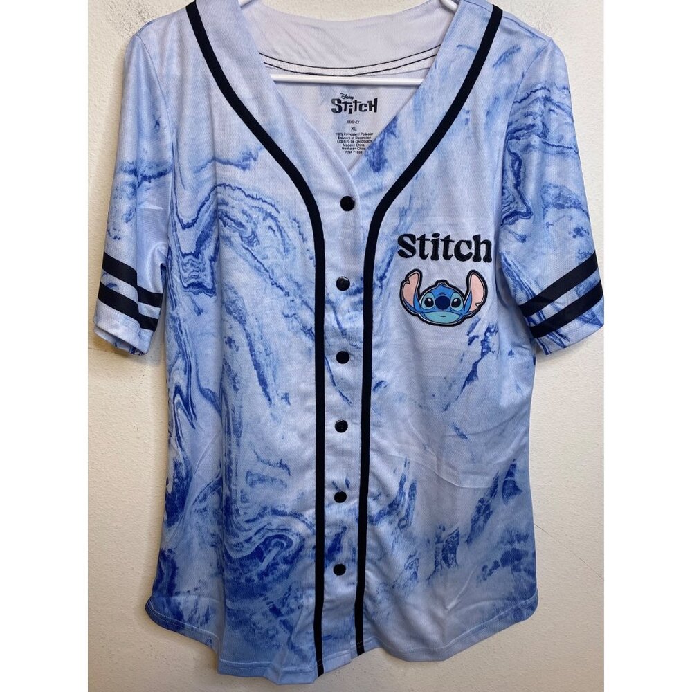 NEW Disney Lilo And STITCH Baseball Jersey T-Shirt Button Short Sleeve Blue